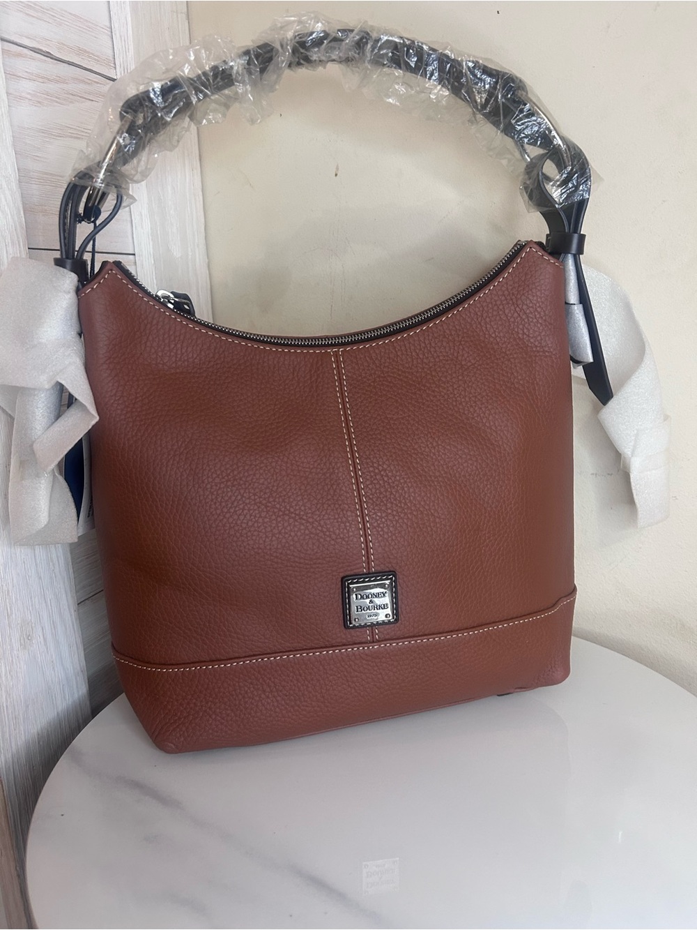 NWT Dooney & Bourke Pebble Leather Shoulder Bag in Saddle Tan
